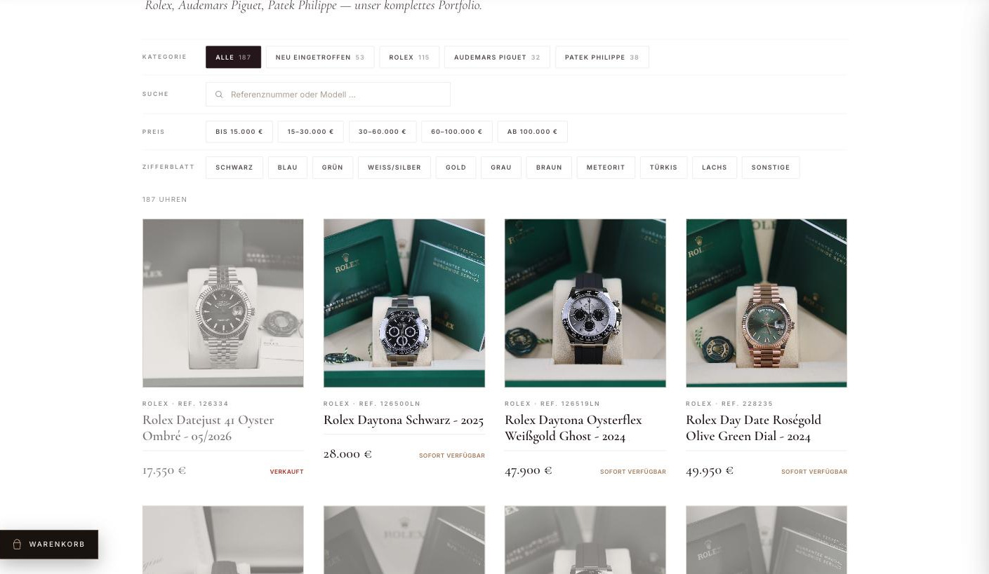 Juwelier Kohler — Uhren-Katalog mit Filtern, Commerce-Plattform von KL Design